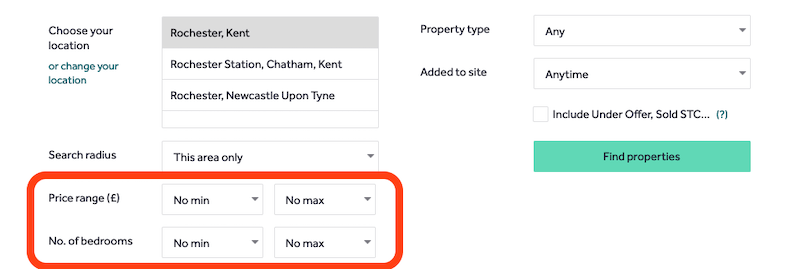 An example of range filters on a website